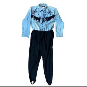 Vtg PG Collections by Ginger Bort Jumpsuit 12 Denim Blue Black Stirrup Pants